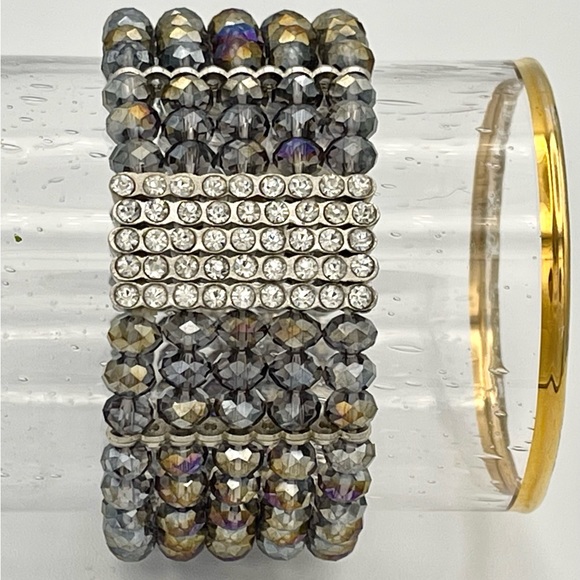 NWT GLAM IRIDESCENT CRYSTAL 5-STRAND STRETCH BRACELET AND SILVER SHIMMER ACCENTS - Picture 8 of 11